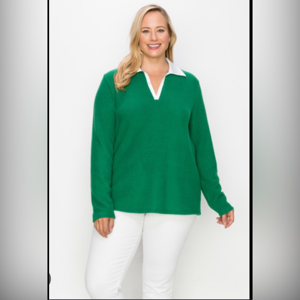 Plus Size Cozy Rib Polo Long Sleeve with Woven Collar Polo